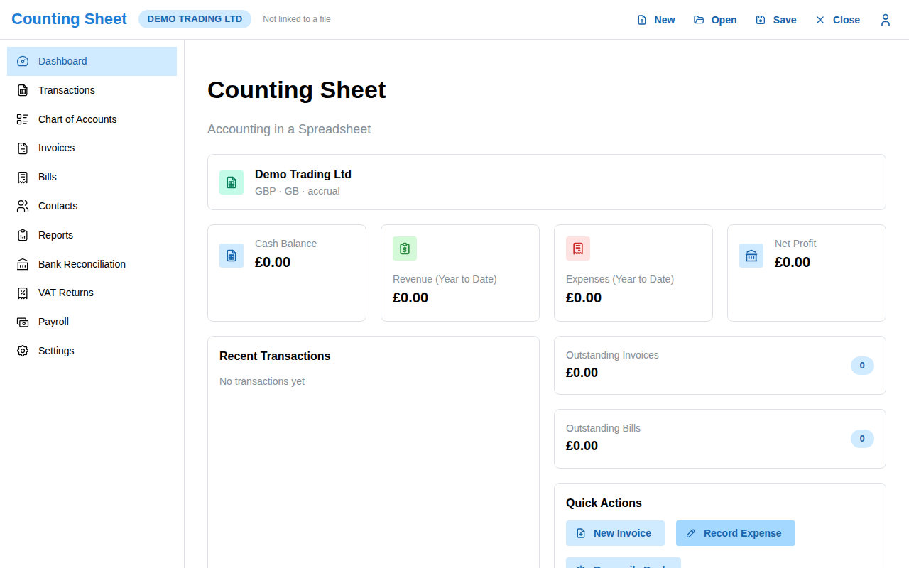 The Counting Sheet dashboard for a company, showing its file connection status